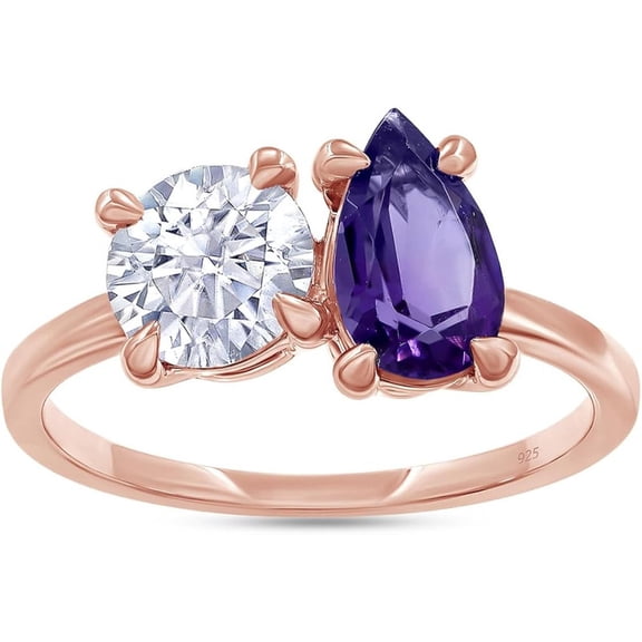 925 Sterling Silver 14K Rose Gold Plating Pear Shape Amethyst & Round Cut White Diamond Toi Et Moi 2-Stone Engagement Wedding Ring For Women