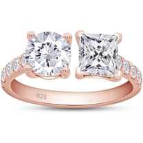 925 Sterling Silver 14K Rose Gold Plating Princess & Round Cut White Diamond Toi Et Moi Half-Eternity Engagement Ring For Women