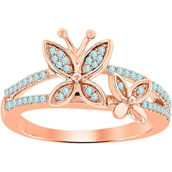 925 Sterling Silver 14K Rose Gold Plating Round Cut Gemstone Aquamarine Butterfly Engagement Ring For Women