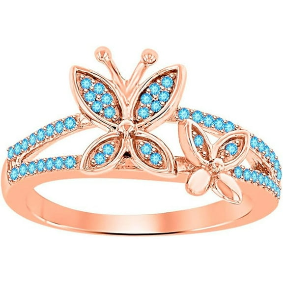 925 Sterling Silver 14K Rose Gold Plating Round Cut Gemstone Blue Topaz Butterfly Engagement Ring For Women