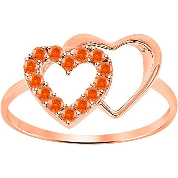 925 Sterling Silver 14K Rose Gold Plating Round Cut Gemstone Orange Sapphire Double Heart Shape Valentine's Day Special Engagement Ring For Women