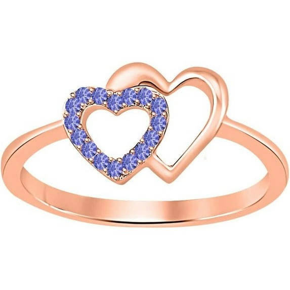 925 Sterling Silver 14K Rose Gold Plating Round Cut Gemstone Tanzanite Double Heart Shape Valentine's Day Special Engagement Ring For Women