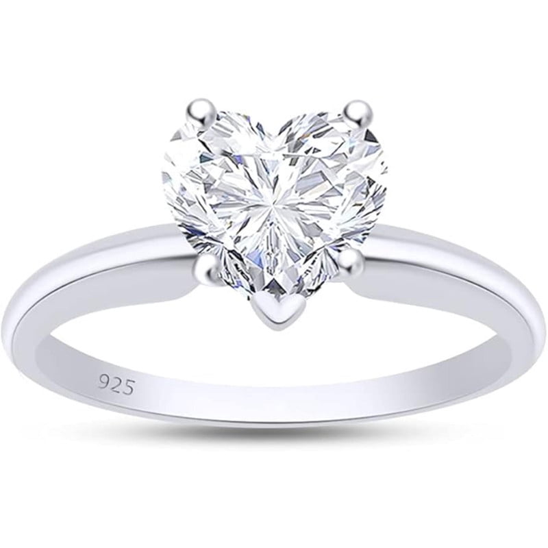 925 Sterling Silver 14K White Gold Finish Engagement Rings Heart Cut Solitaire Wedding Promise Rings for Women