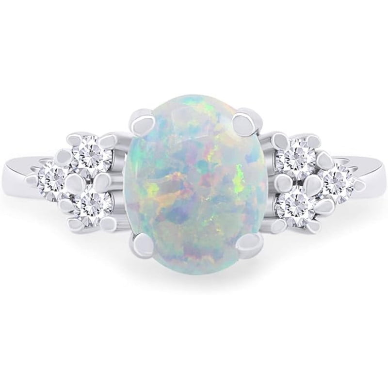 925 Sterling Silver 14K White Gold Finish Oval Cut Fire Opal With White Diamond Engagement Promise Rings for Women