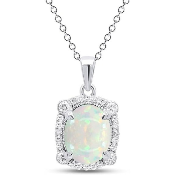 925 Sterling Silver 14K White Gold Finish Oval Shape White Fire Opal Halo Pendant Necklace for Women