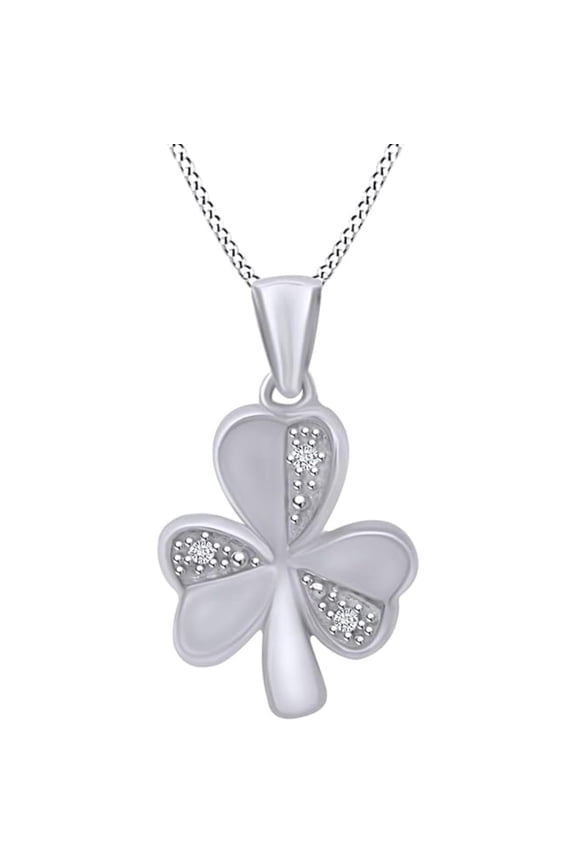 925 Sterling Silver 14K White Gold Finish Round Cut Accent Shamrock Clover Leaf Pendant Necklace For Women
