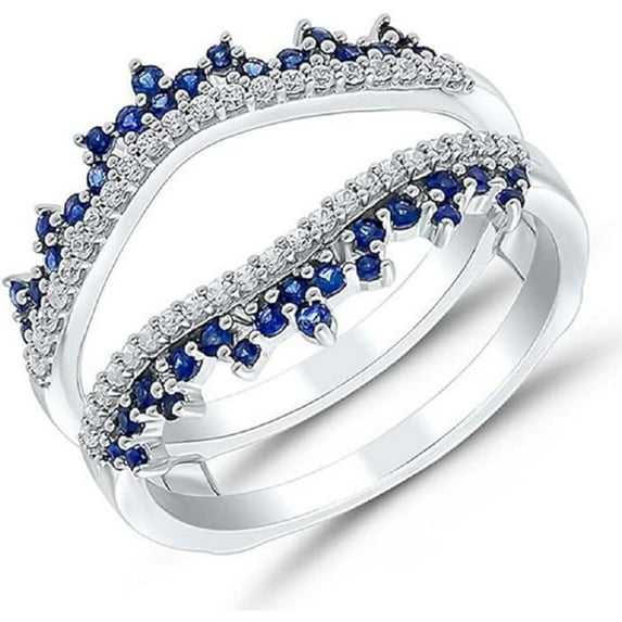 925 Sterling Silver 14K White Gold Finish Round Cut Blue Sapphire & White Diamond Enhancer Guard Wrap Ring for Women