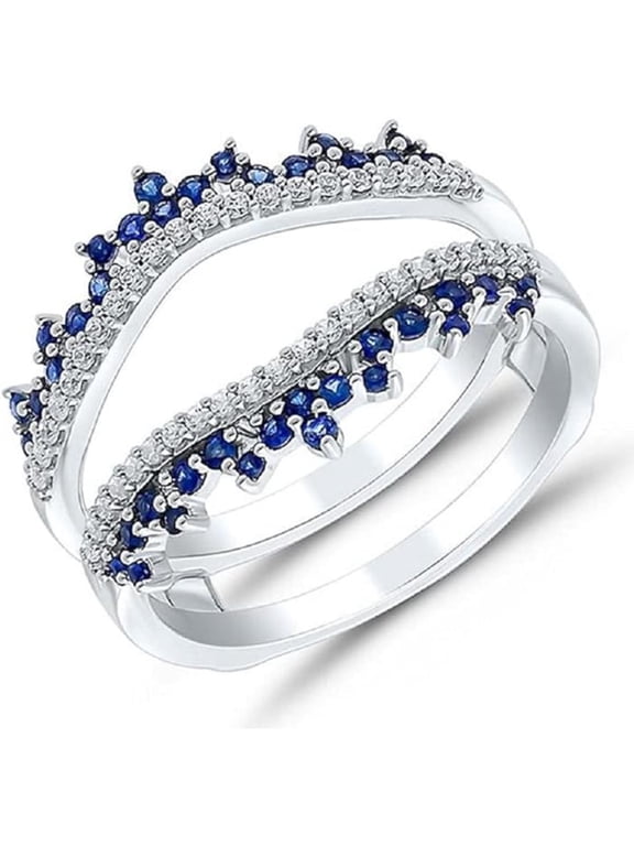 925 Sterling Silver 14K White Gold Finish Round Cut Blue Sapphire & White Diamond Enhancer Guard Wrap Ring for Women
