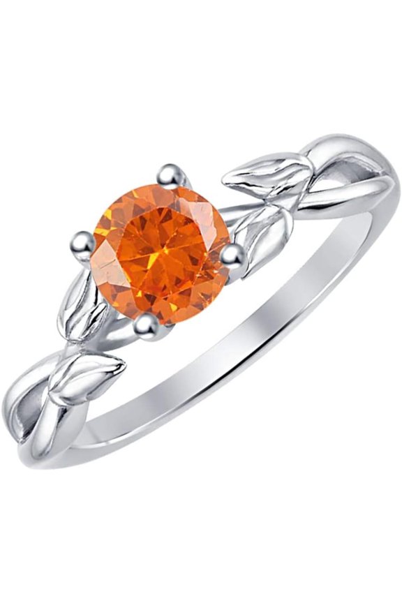 925 Sterling Silver 14K White Gold Finish Round Cut Orange Sapphire Leaf Solitaire Engagement Ring For Womens