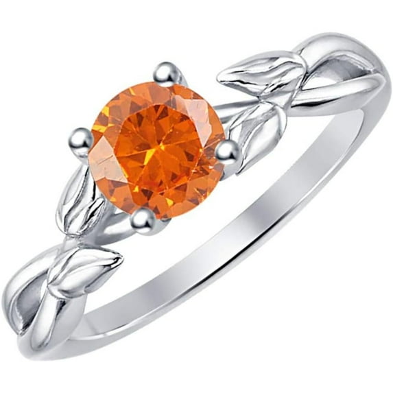 925 Sterling Silver 14K White Gold Finish Round Cut Orange Sapphire Leaf Solitaire Engagement Ring For Womens