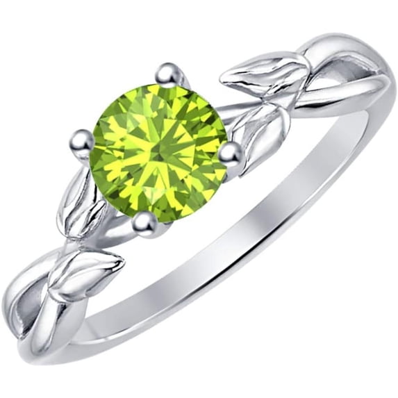 925 Sterling Silver 14K White Gold Finish Round Cut Peridot Leaf Solitaire Engagement Ring For Womens
