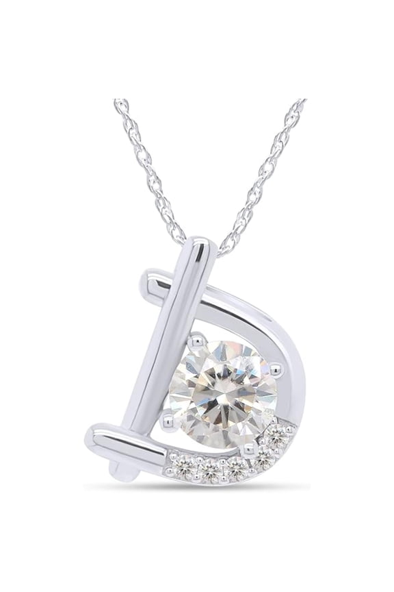 925 Sterling Silver 14K White Gold Finish Round Cut White Diamond Initial Letter D Pendant Necklace For Women