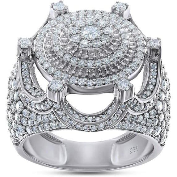 925 Sterling Silver 14K White Gold Finish Round Cut White Diamond King Crown Circle Cluster Wedding Band Ring For Men's