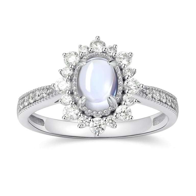 925 Sterling Silver 14K White Gold Oval Shape Moonstone Cubic