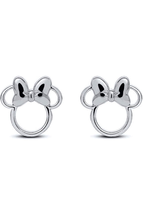 925 Sterling Silver 14K White Gold Plated Small Outline Mouse With Bow Push Back Stud Earrings Gift for Women