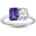 thumbnail image 1 of 925 Sterling Silver 14K White Gold Plating Emerald Shape Amethyst & Oval Cut White Diamond Toi Et Moi 2-Stone Engagement Wedding Ring For Women, 1 of 1