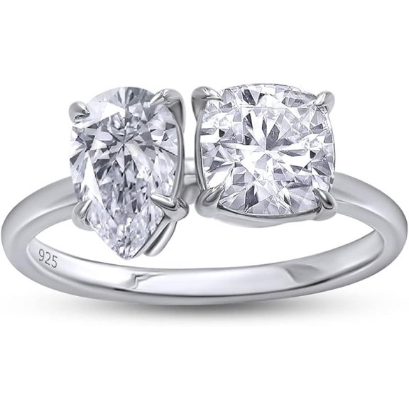 925 Sterling Silver 14K White Gold Plating Pear Shape & Cushion Cut White Diamond Toi Et Moi 2-Stone Wedding Engagement Ring For Women