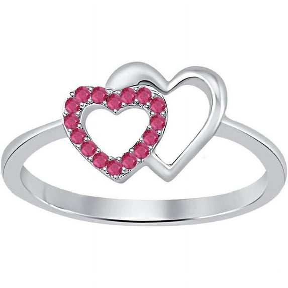 925 Sterling Silver 14K White Gold Plating Round Cut Gemstone Pink Ruby Double Heart Shape Valentine's Day Special Engagement Ring For Women