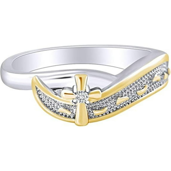 925 Sterling Silver 14K White Gold Plating Round Cut White Diamond Cross Wedding Engagement Ring For Women