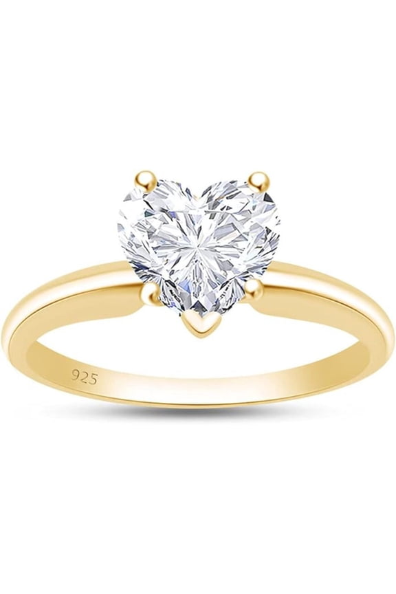 925 Sterling Silver 14K Yellow Gold Finish Engagement Rings Heart Cut Solitaire Wedding Promise Rings for Women