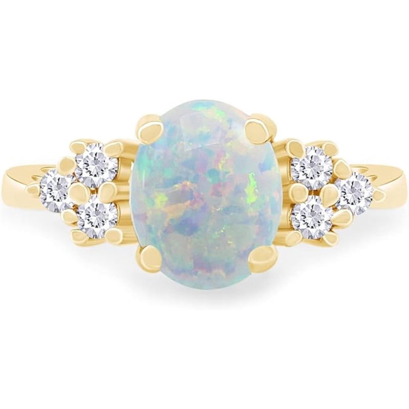 925 Sterling Silver 14K Yellow Gold Finish Oval Cut Fire Opal With White Diamond Engagement Promise Rings for Women