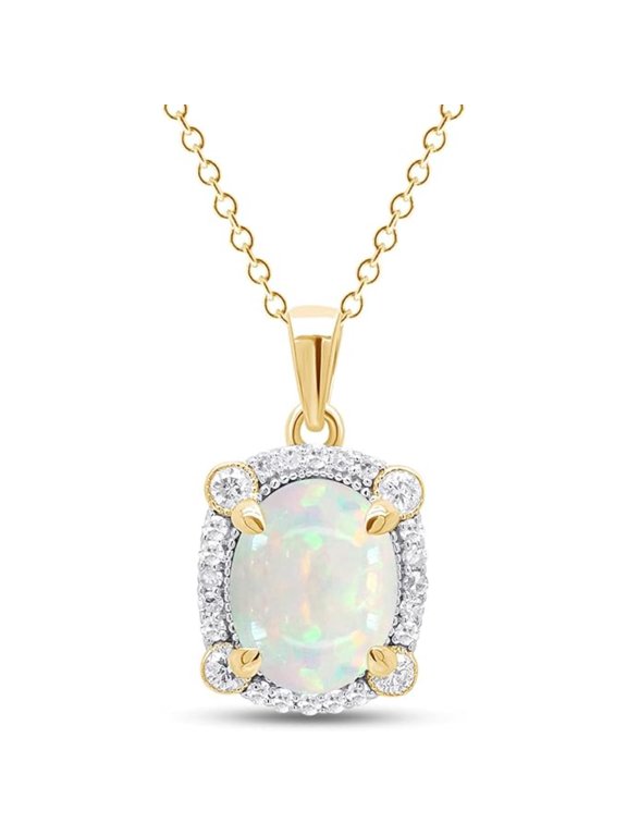 925 Sterling Silver 14K Yellow Gold Finish Oval Shape White Fire Opal Halo Pendant Necklace for Women