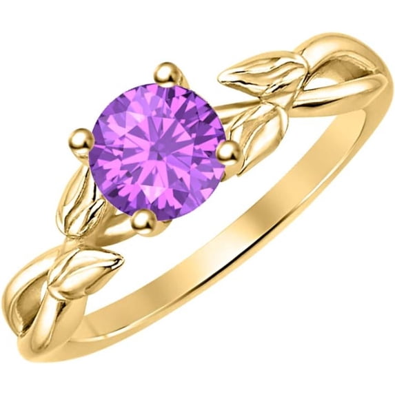 925 Sterling Silver 14K Yellow Gold Finish Round Cut Amethyst Leaf Solitaire Engagement Ring For Womens