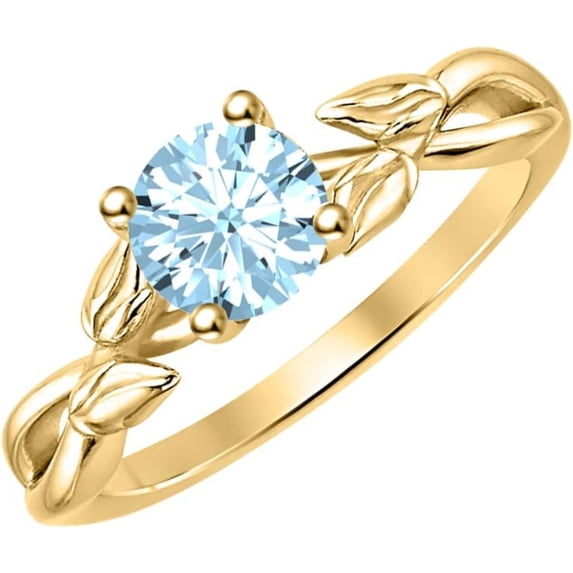 925 Sterling Silver 14K Yellow Gold Finish Round Cut Aquamarine Leaf Solitaire Engagement Ring For Womens