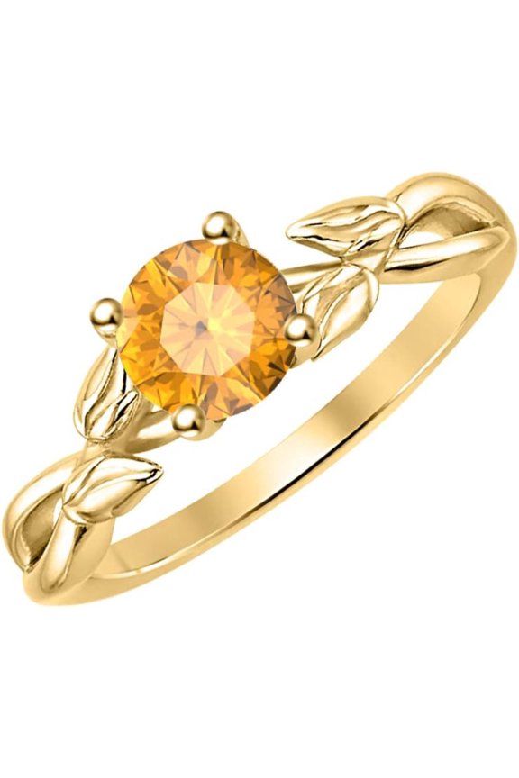 925 Sterling Silver 14K Yellow Gold Finish Round Cut Citrine Leaf Solitaire Engagement Ring For Womens
