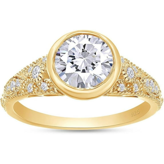 925 Sterling Silver 14K Yellow Gold Finish Round Cut White Diamond Bezel Set Vintage Style Engagement Rings for Women
