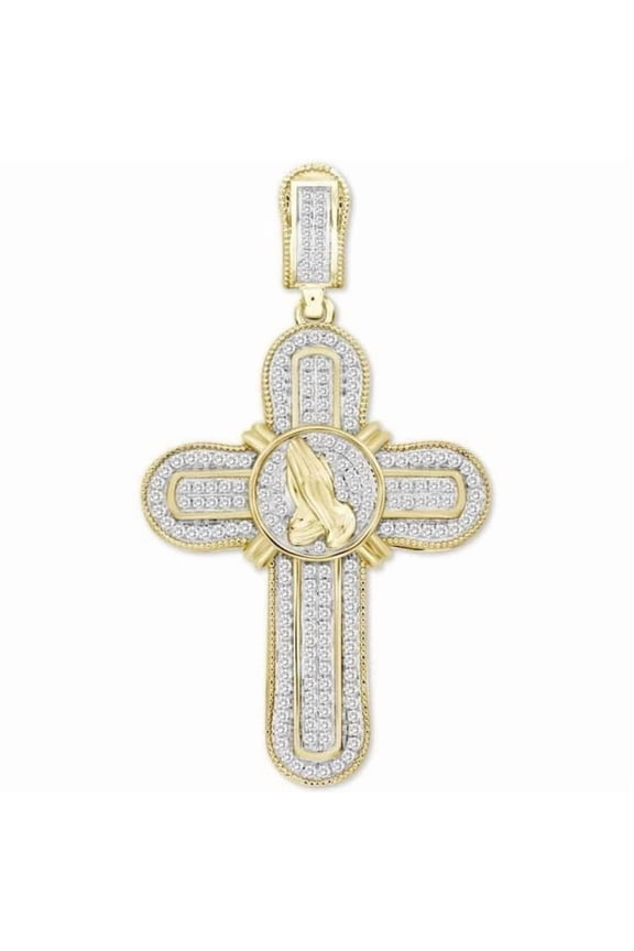 925 Sterling Silver 14K Yellow Gold Finish Round Cut White Diamond Cross with Praying Hand 2 Inch Pendant For Men's