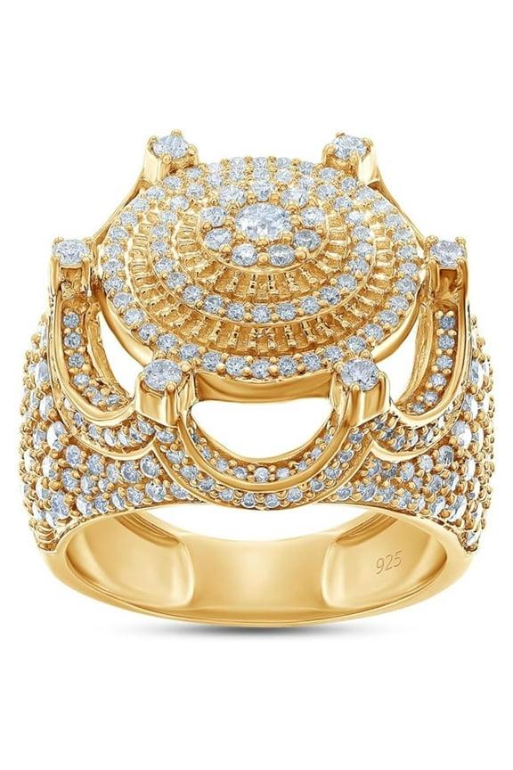 925 Sterling Silver 14K Yellow Gold Finish Round Cut White Diamond King Crown Circle Cluster Wedding Band Ring For Men's