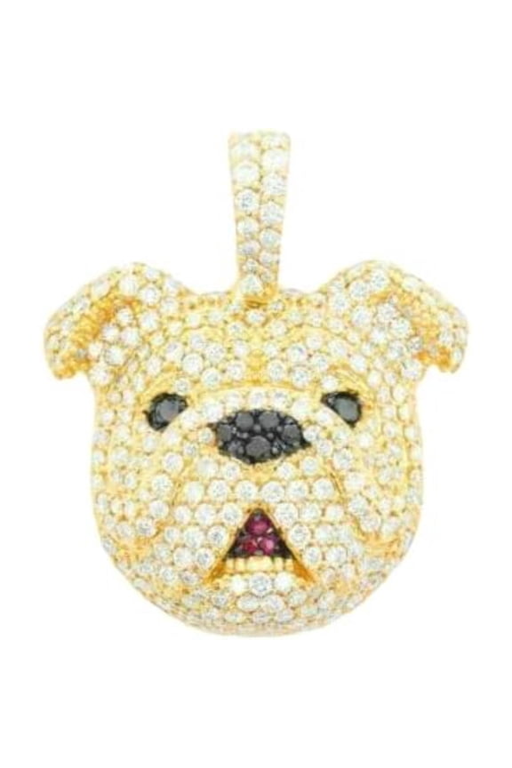 925 Sterling Silver 14K Yellow Gold Finish Round Cut White Diamond Rapper Bulldog 2 Inch Pendant For Men's