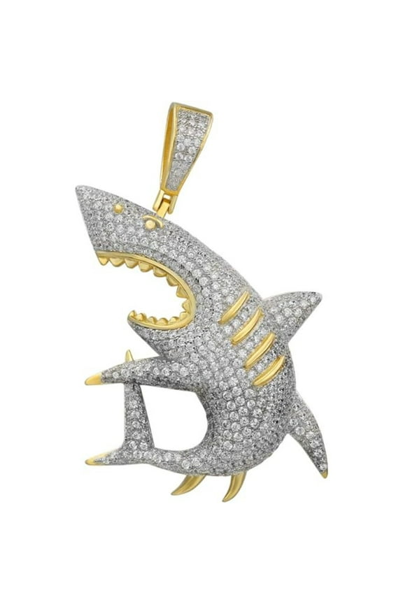 925 Sterling Silver 14K Yellow Gold Finish Round Cut White Diamond Shark Charm 2 Inch Pendant For Men's