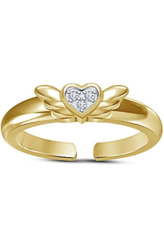 925 Sterling Silver 14K Yellow Gold Over Round Cut White Diamond Heart Double Wing Design Adjustable Toe Ring for Women's
