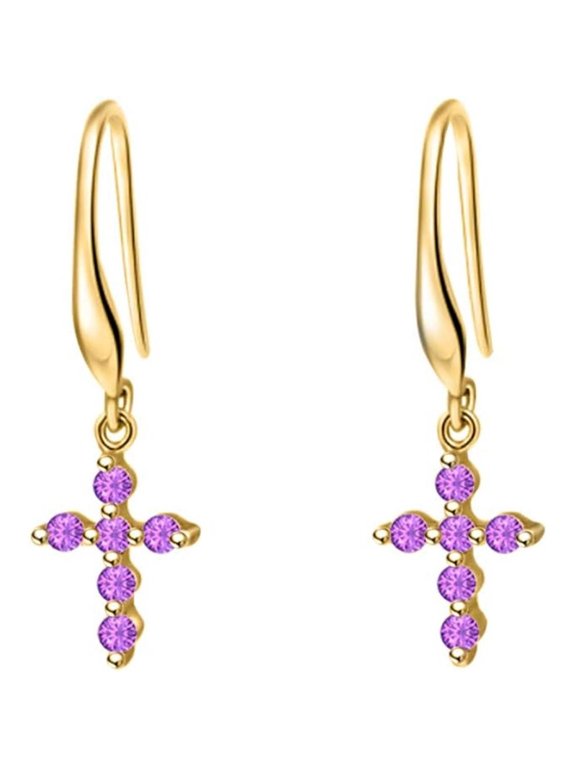 925 Sterling Silver 14K Yellow Gold Plated Round Cut Amethyst Birthstone Cross Charm Hook Dangle Drop Earrings Gift for Women