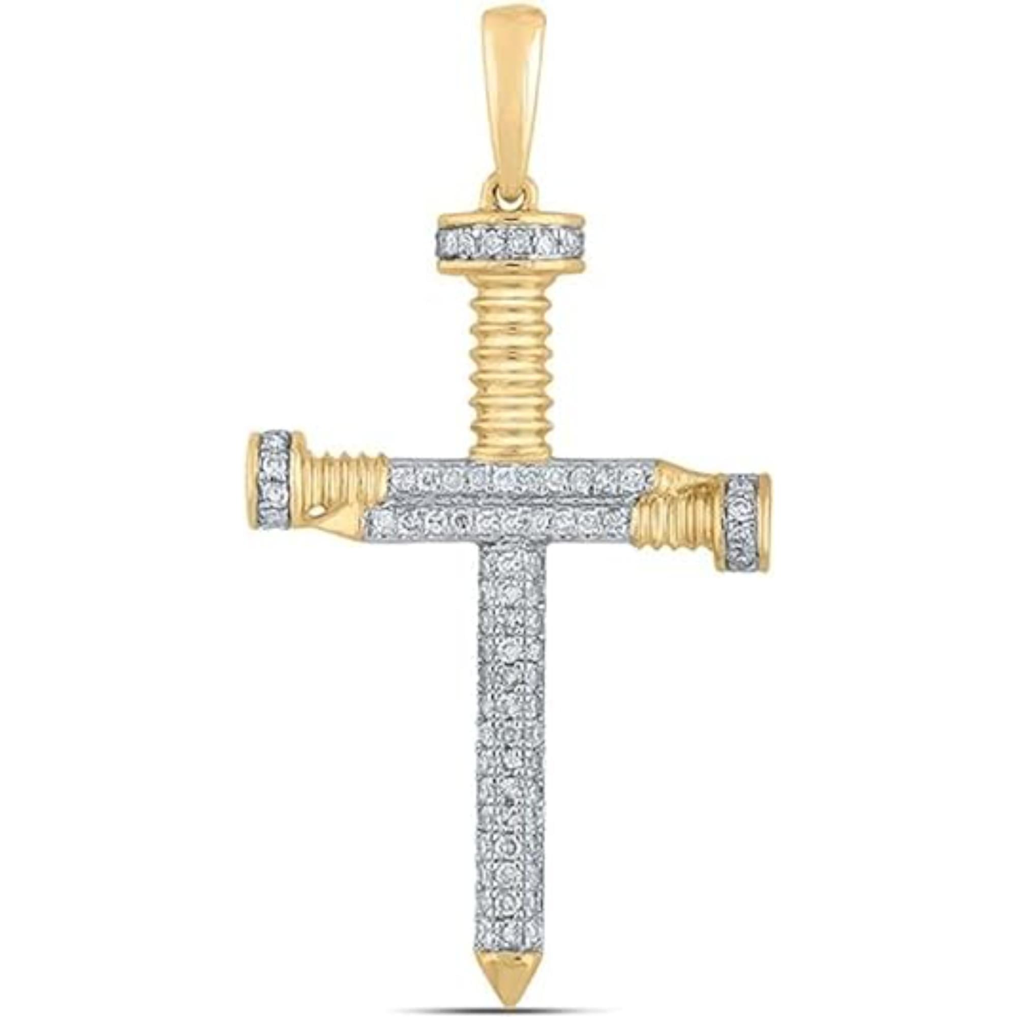 925 Sterling Silver 14K Yellow Gold Plated Round Cut White Diamond Three Nail Cross 2 InchesPendant Jewelry Gifts