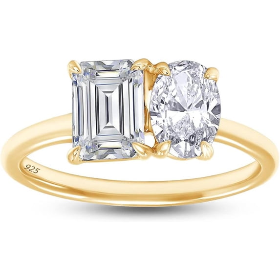 925 Sterling Silver 14K Yellow Gold Plating Emerald & Oval Cut White Diamond Toi Et Moi 2-Stone Wedding Engagement Ring For Women
