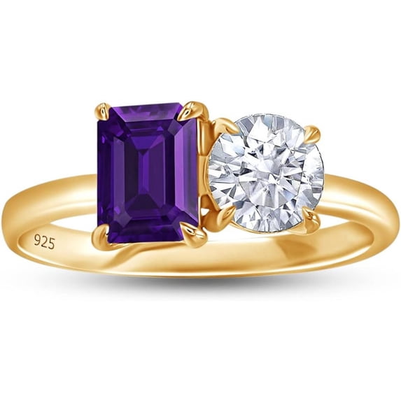 925 Sterling Silver 14K Yellow Gold Plating Emerald Shape Amethyst & Round Cut White Diamond Toi Et Moi 2-Stone Wedding Engagement Ring For Women