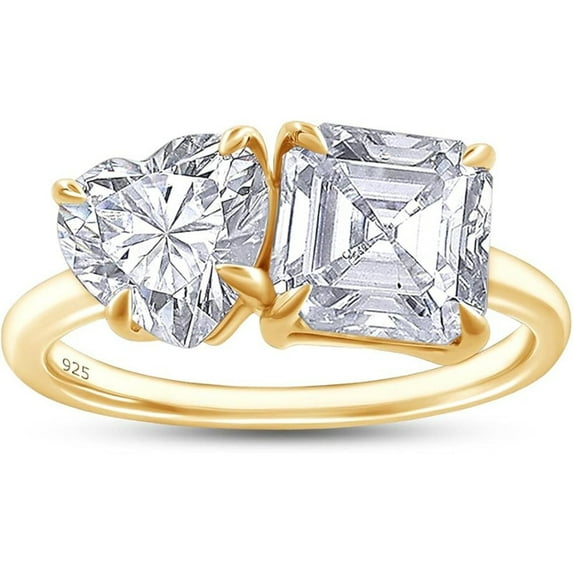 925 Sterling Silver 14K Yellow Gold Plating Heart Shape & Asscher White Diamond Toi Et Moi 2-Stone Wedding Engagement Ring For Women