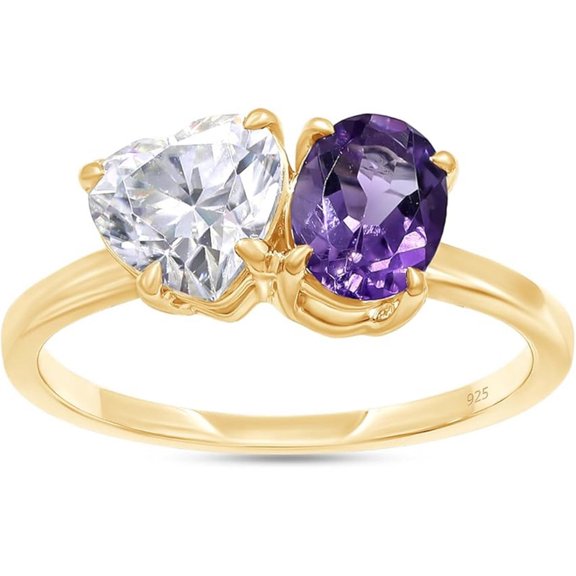 925 Sterling Silver 14K Yellow Gold Plating Oval Shape Amethyst & Heart Cut White Diamond Toi Et Moi 2-Stone Engagement Wedding Ring For Women