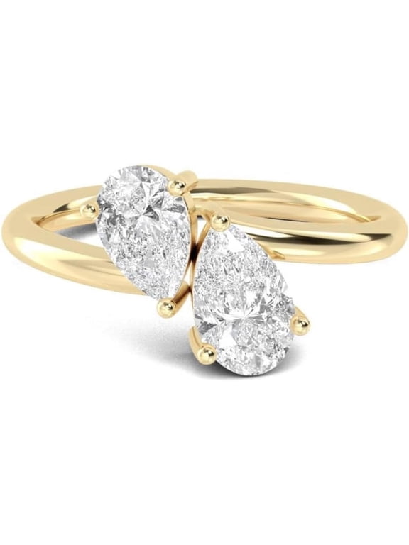 925 Sterling Silver 14K Yellow Gold Plating Pear Cut White Diamond Toi Et Moi 2-Stone Stackable Anniversary Wedding Engagement Ring For Women