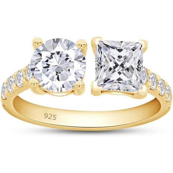 925 Sterling Silver 14K Yellow Gold Plating Princess & Round Cut White Diamond Toi Et Moi Half-Eternity Engagement Ring For Women