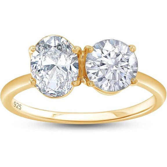 925 Sterling Silver 14K Yellow Gold Plating Round Shape & Oval Cut White Diamond Toi Et Moi 2-Stone Wedding Engagement Ring For Women