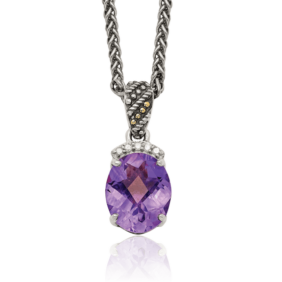 925 Sterling Silver Vintage Cut Oval Purple Amethyst Diamond Chain Necklace Gemstone Pendant Charm