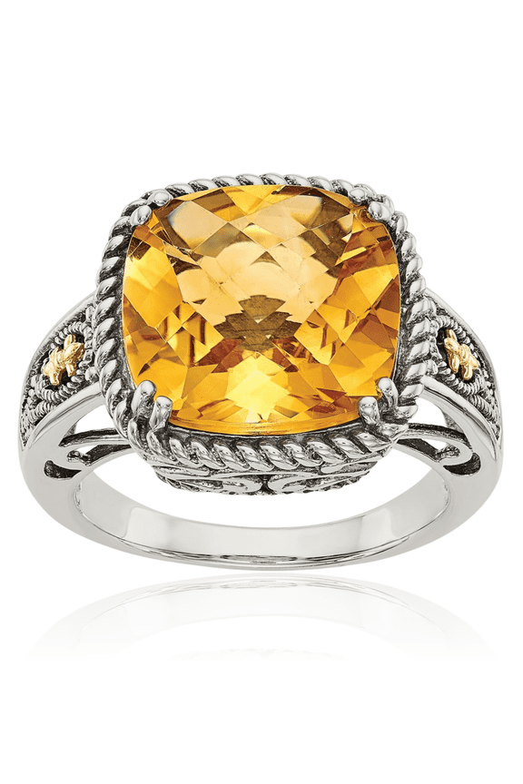 925 Sterling Silver Vintage Cushion-Cut Yellow Orange Citrine Cocktail Statement Ring Gemstone Band