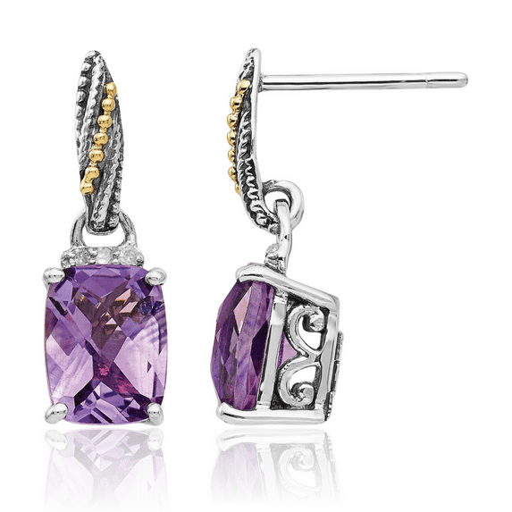 925 Sterling Silver Vintage Diamond Cushion-Cut Purple Amethyst Drop Dangle Earrings February Birthstone Jewelry