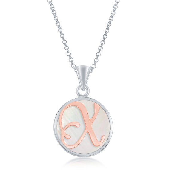 925 Sterling Silver 14k Rose Gold Plated Mother of Pearl Script Initial Personalized Circle Disk 18’’ Pendant Necklace Jewelry for Women or Teens (letter X)