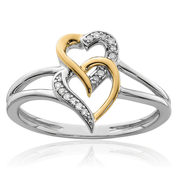 925 Sterling Silver Solid Yellow Gold Diamond Heart Ring Love Band