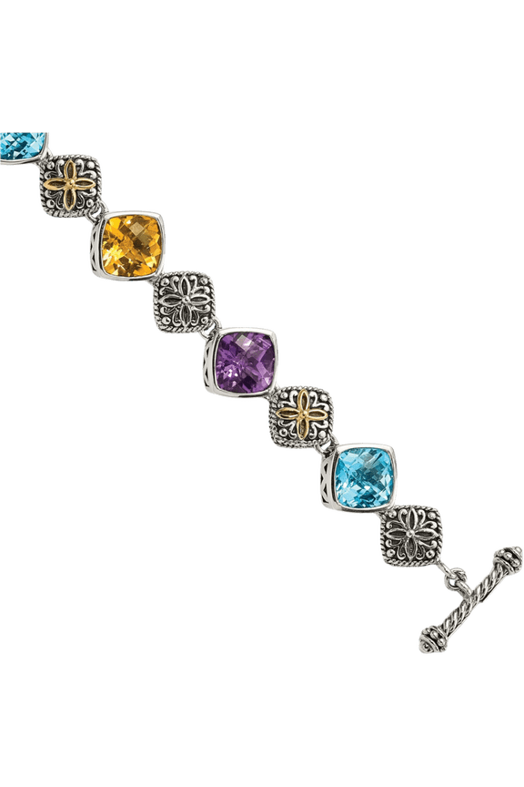 925 Sterling Silver Vintage Cushion-Cut Purple Amethyst Swiss Blue Topaz Yellow Orange Citrine Chain Gemstone Tennis Bracelet